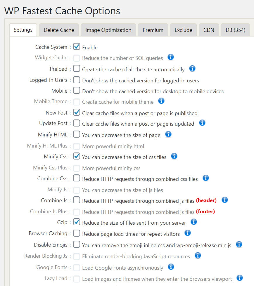 WP Fastest Cache options