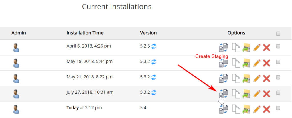 WordPress staging with Softaculous 