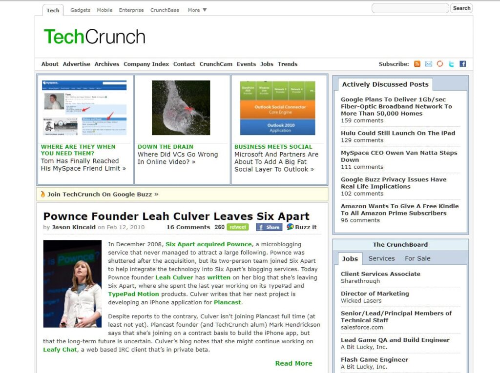 TechCrunch homepage 2010