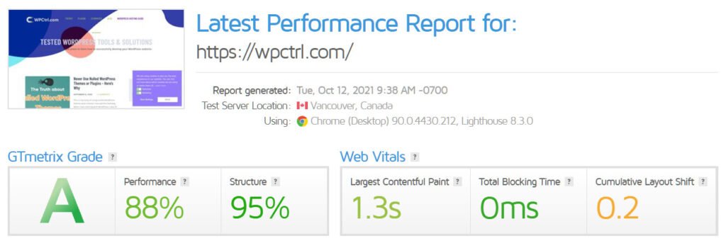 GTMetrix.com speed test of wpctrl.com