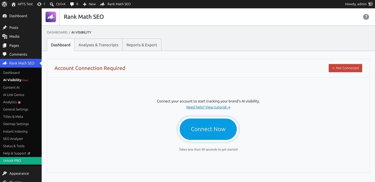 Rank Math AI Visibility screen asking for an account connection