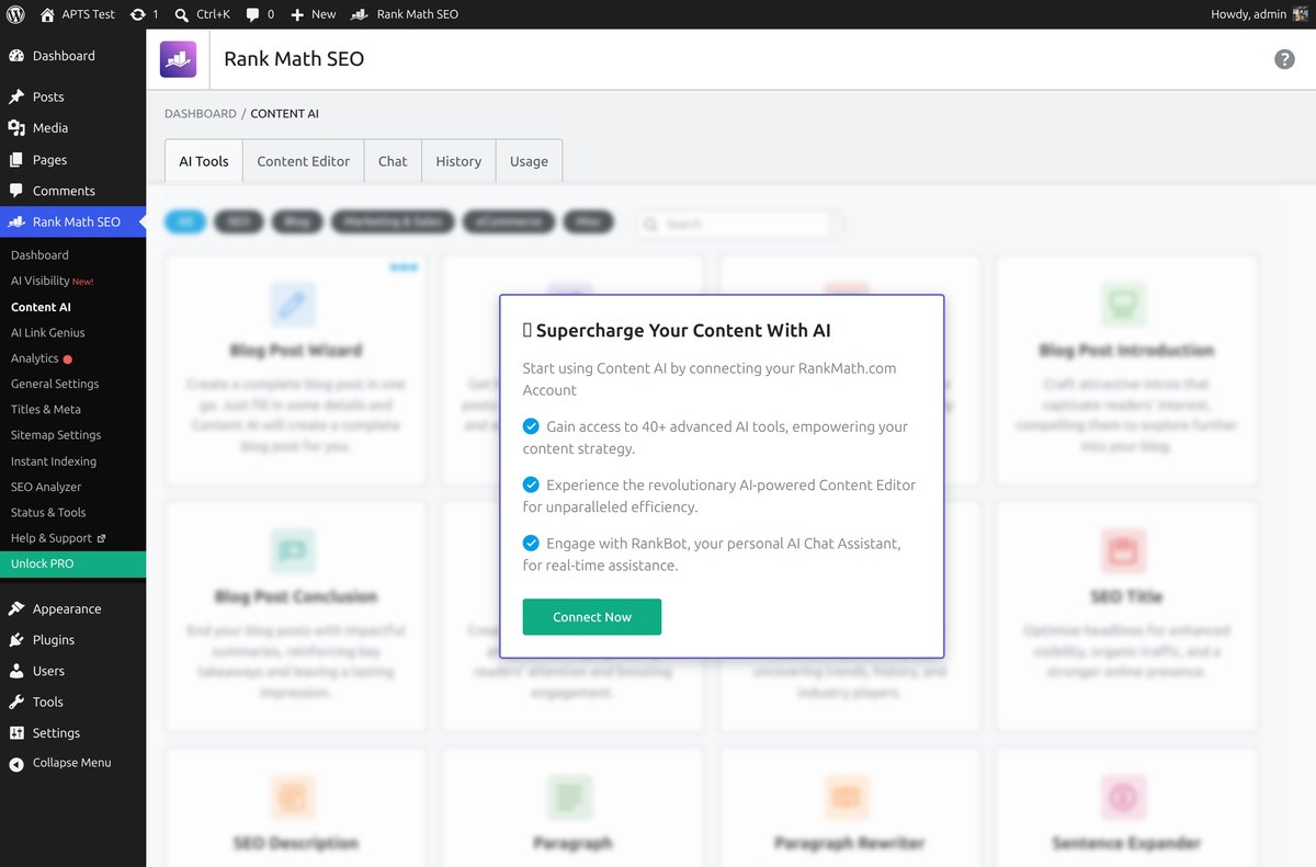 Rank Math Content AI tools library asking to connect a RankMath.com account