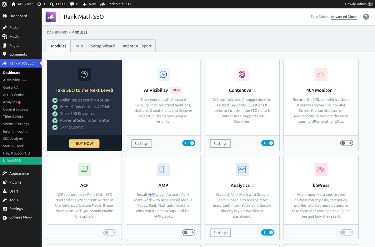 Rank Math SEO modules dashboard with AI Visibility and Content AI toggles