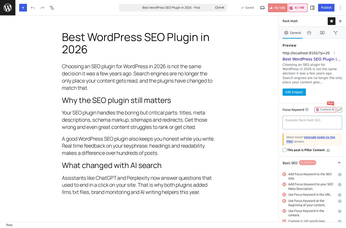 Rank Math sidebar in the WordPress block editor showing SEO score and Content AI score