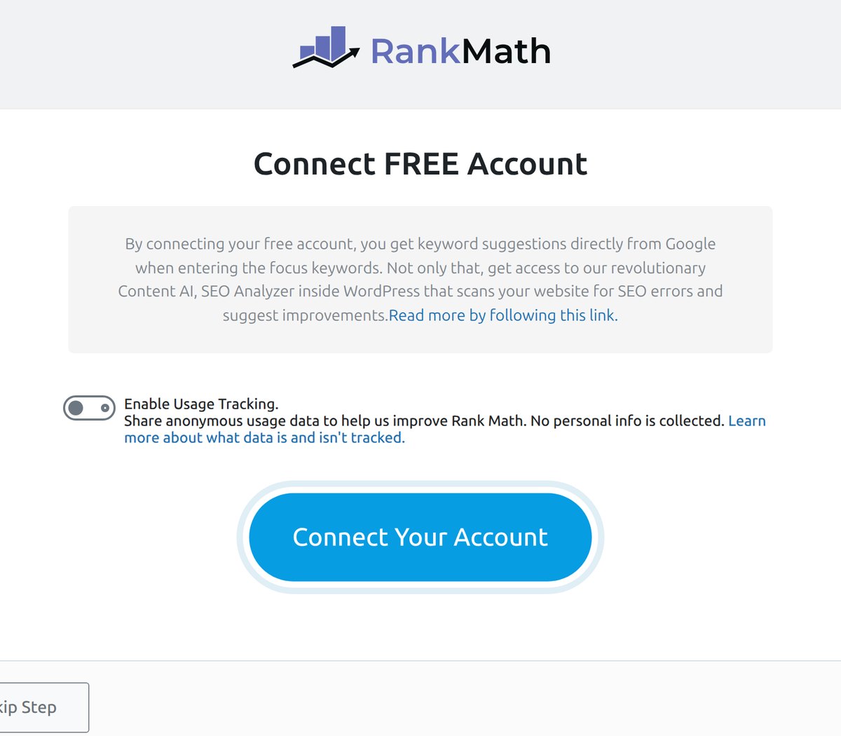 Rank Math 2026 first run screen asking to connect a free RankMath.com account