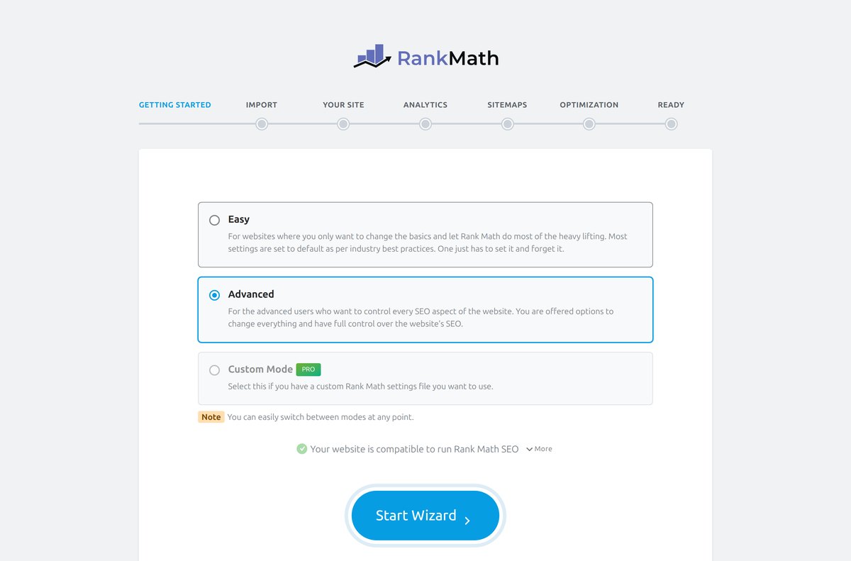 Rank Math setup wizard with Easy, Advanced and Custom modes