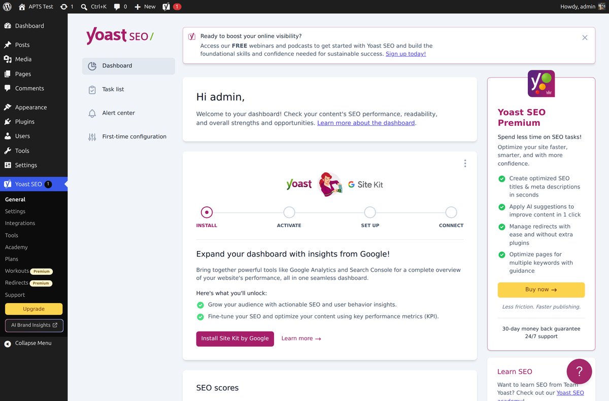 Yoast SEO 2026 dashboard with task list, Site Kit setup and Premium upsell