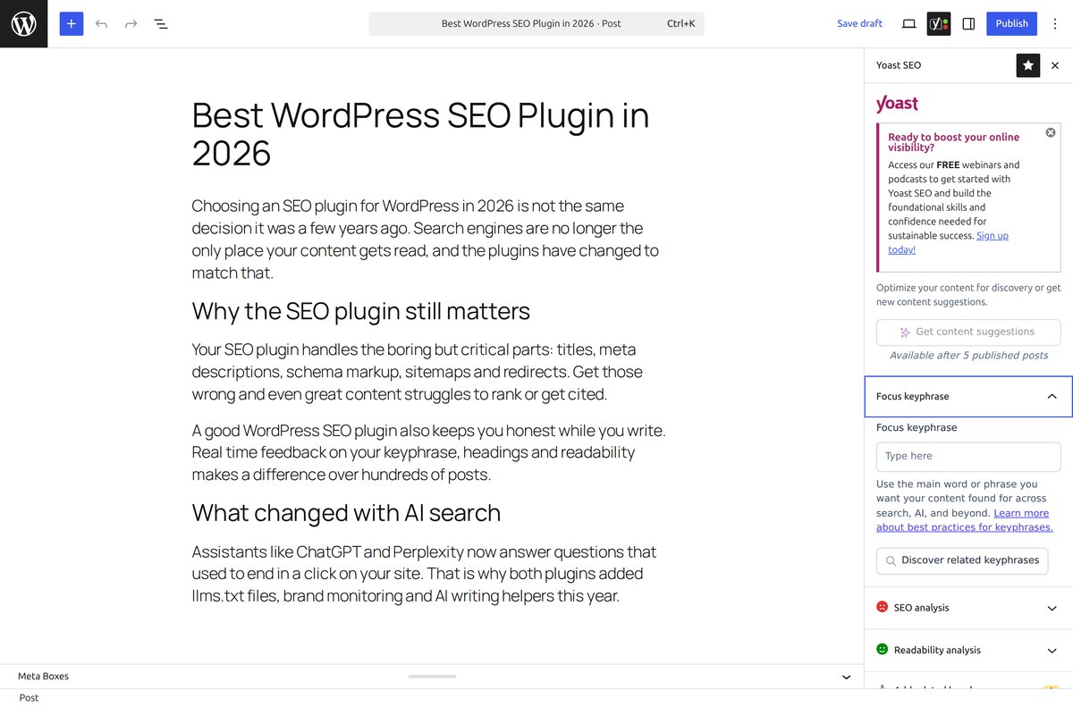 Yoast SEO 28 sidebar with focus keyphrase, SEO analysis and readability analysis