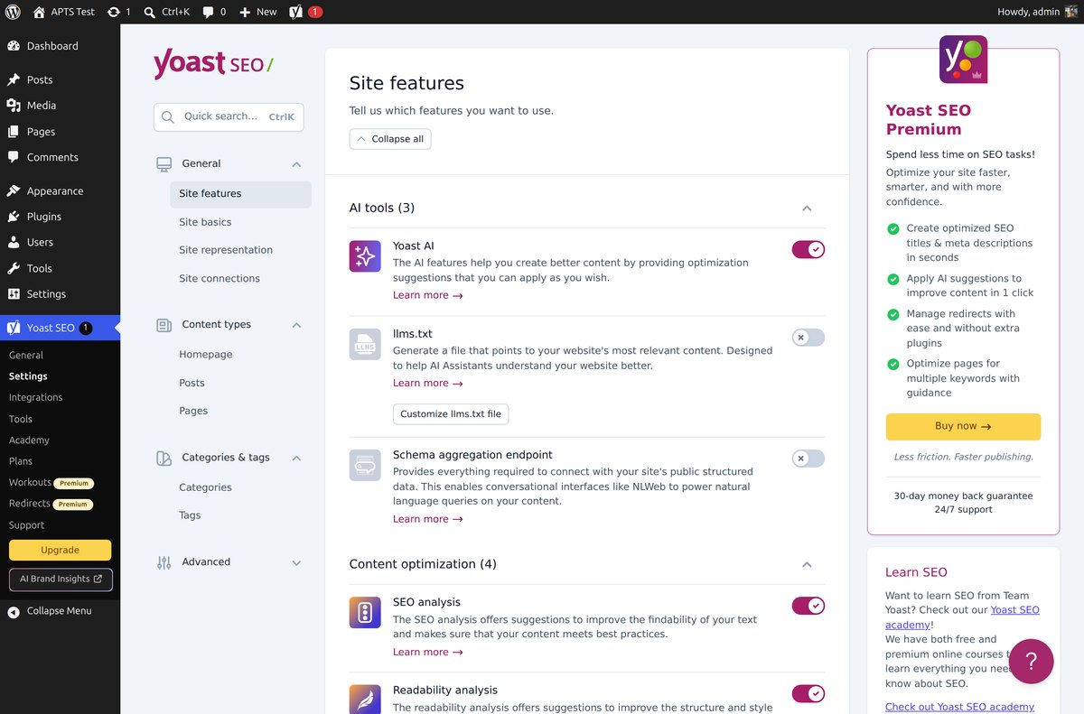 Yoast SEO free site features screen with Yoast AI, llms.txt and schema aggregation endpoint